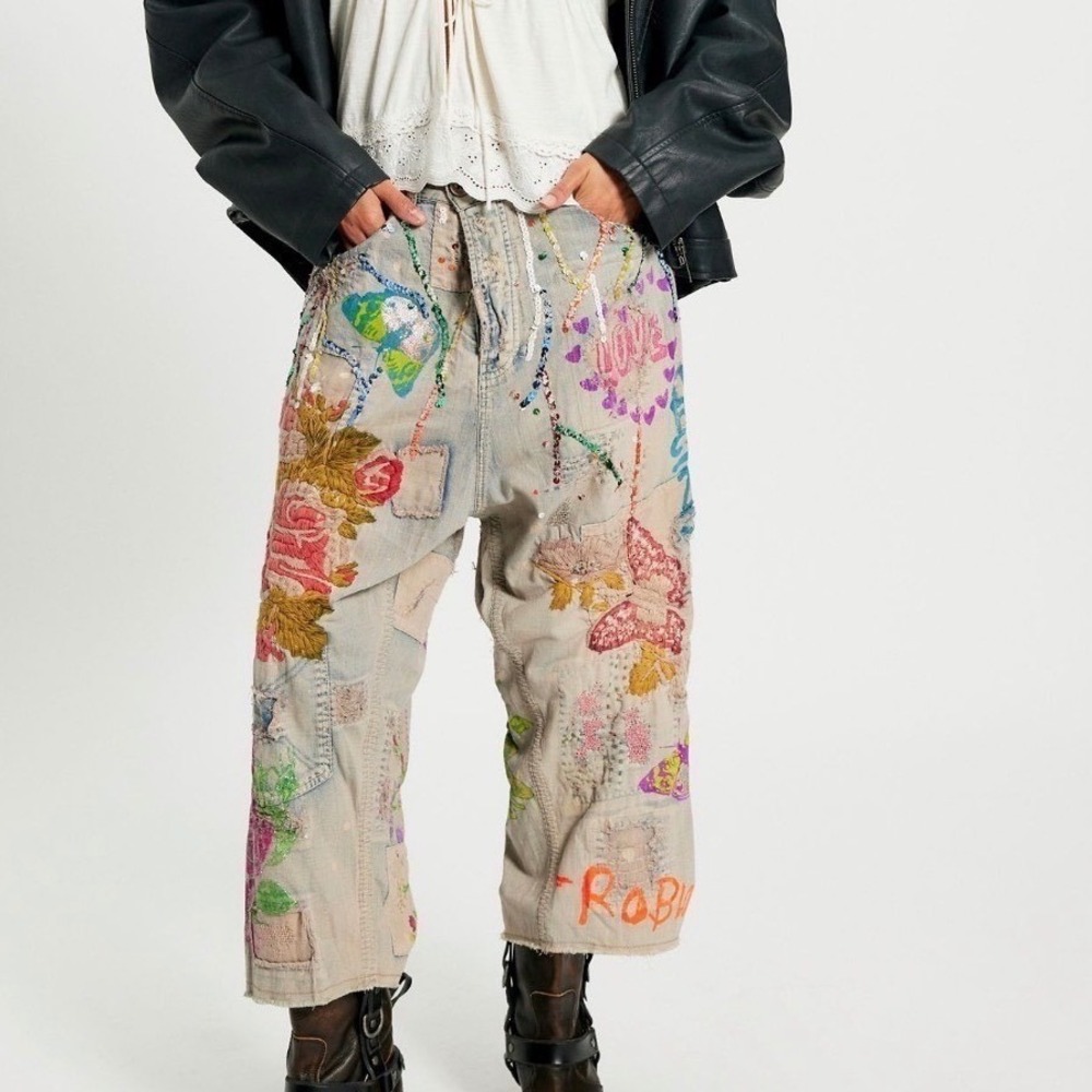 Magnolia Pearl Cropped Denim Jeans Embroidered Painted Glitter Patchwork NWT